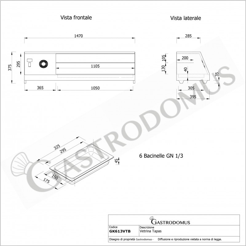 Tapas-Kühlvitrine für 6 x GN1/3 Behälter,160 Watt, B 1470 mm x T 395 mm x H 375 mm