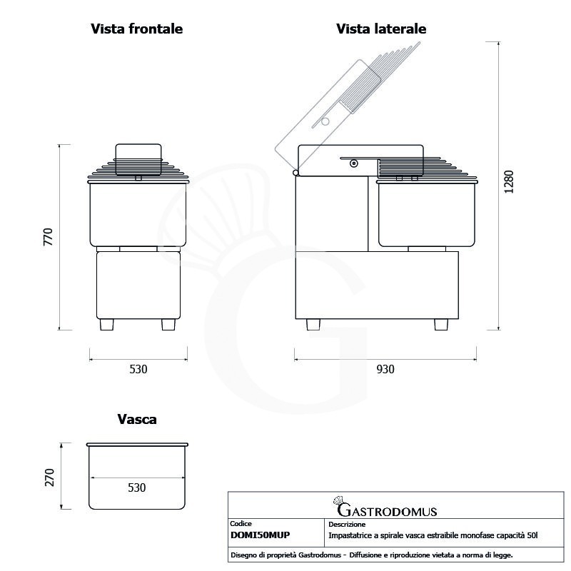 copy of Impastatrice a spirale vasca estraibile - Capacità 22 LT - Monofase 230 V - 1 velocità