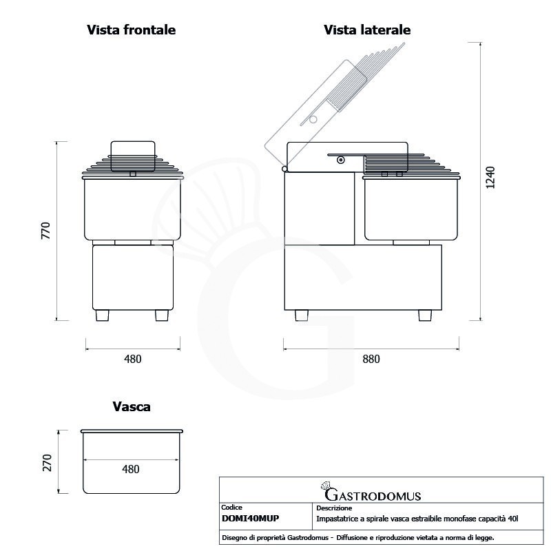 copy of Impastatrice a spirale vasca estraibile - Capacità 22 LT - Monofase 230 V - 1 velocità