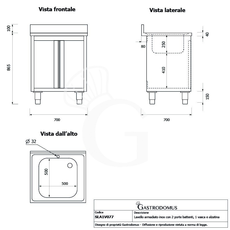 Spülschrank, Edelstahl, 1 Flügeltür, 1 Becken, Aufkantung, Hahnloch Ø 32 mm, B 700 mm x T 700 mm x H 965 mm