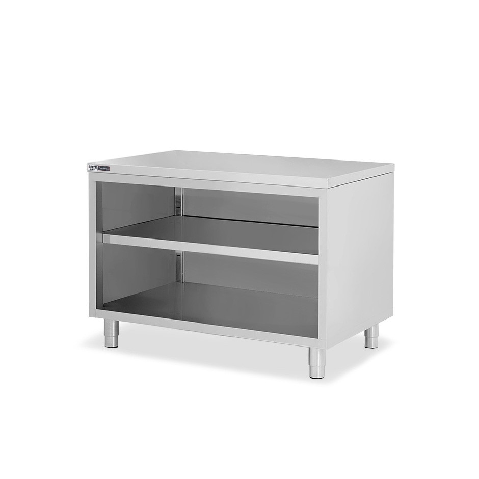 Arbeitsschrank offen, Edelstahl, 2 Regalböden, B 1300 mm x T 600 mm x H 865 mm