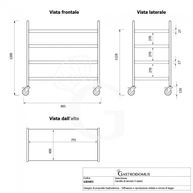 Servierwagen, Edelstahl, 4 Etagen, B 800 mm x T 500 mm x H 1200 mm