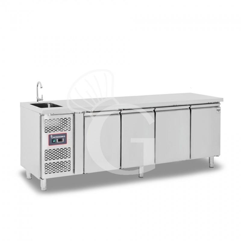 Kühltisch mit Spülbecken und Wasserhahn, 4-türig, Tiefe 700 mm, +2°C/+8°C, Motor auf der rechten Seiten, Energieklasse B