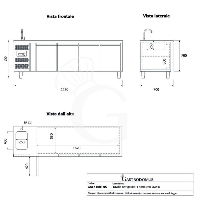 Kühltisch mit Spülbecken und Wasserhahn, 4-türig, Tiefe 700 mm, +2°C/+8°C, Motor auf der rechten Seiten, Energieklasse B