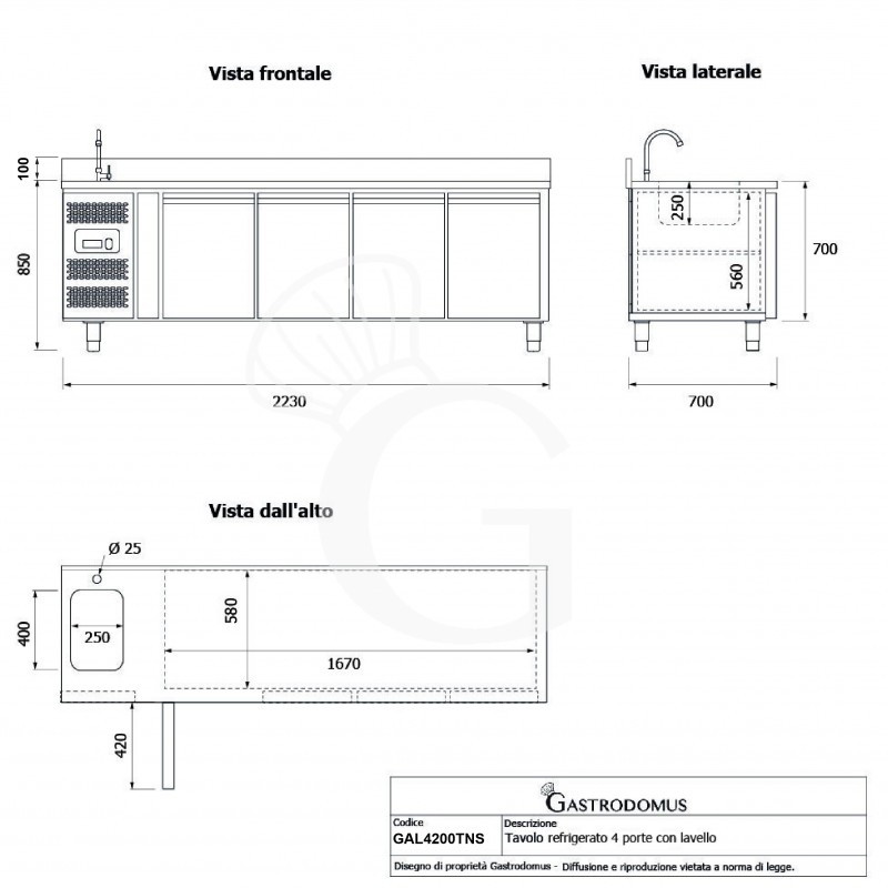 copy of Tavolo refrigerato - 2 porte - Prof. 700 - temperatura -2°C/+8°C