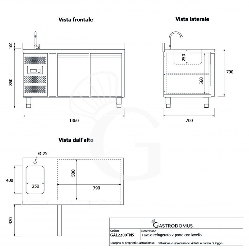 copy of Tavolo refrigerato - 2 porte - Prof. 700 - temperatura -2°C/+8°C