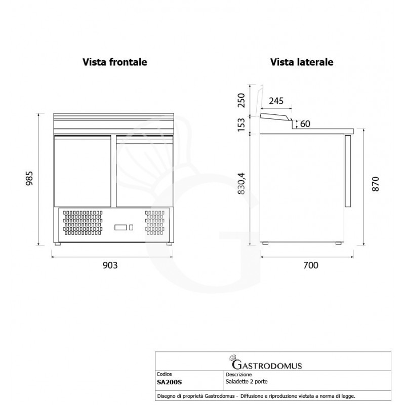 Pizzakühltisch / Saladette, 2 Türen, Temperatur +2°C/+8°C, Arbeitsplatte aus Edelstahl