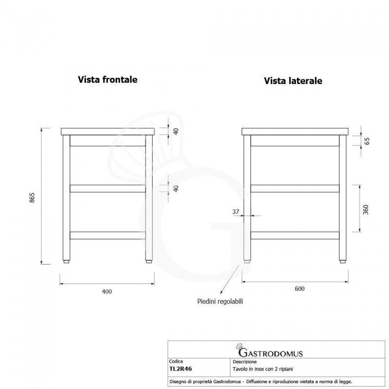 Edelstahltisch, 2 Regalböden, B 400 mm x T 600 mm x H 865 mm