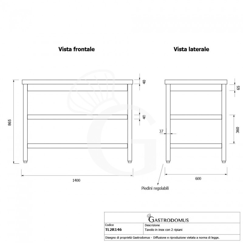 Edelstahltisch, 2 Regalböden, B 1400 mm X T 600 mm X H 865 mm