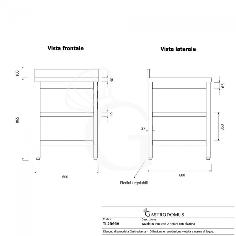 Edelstahltisch, 2 Regalböden, Aufkantung, B 600 mm X T 600 mm X H 965 mm