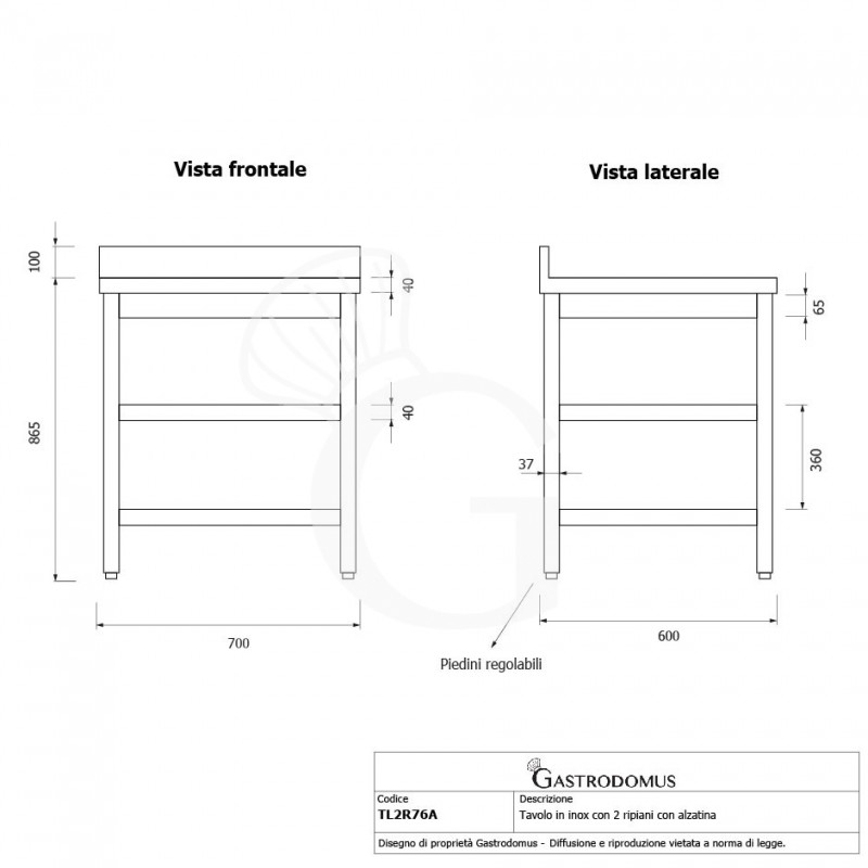 Edelstahltisch, 2 Regalböden, Aufkantung, B 700 mm X T 600 mm X H 965 mm