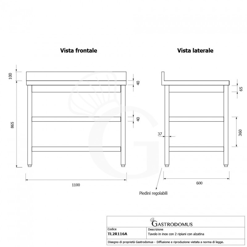 Edelstahltisch, 2 Regalböden, Aufkantung, B 1100 mm X T 600 mm X H 965 mm