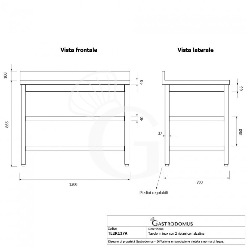 Edelstahltisch, 2 Regalböden, Aufkantung, B 1300 mm X T 700 mm X H 965 mm
