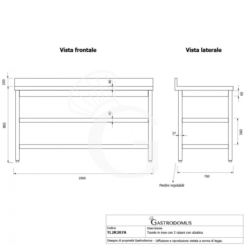copy of Tavolo 2 ripiani e alzatina, Prof. 700 Lungh. 2000