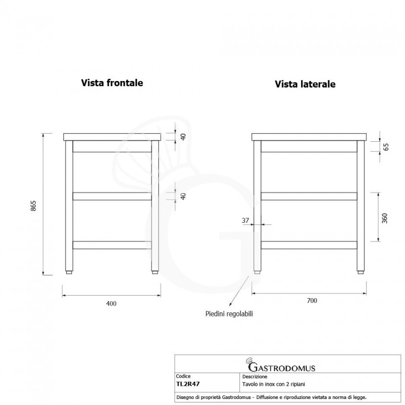 copy of Tavolo semplice in acciaio inox con 2 ripiani e misure L 500 mm x P 700 mm x H 850 mm