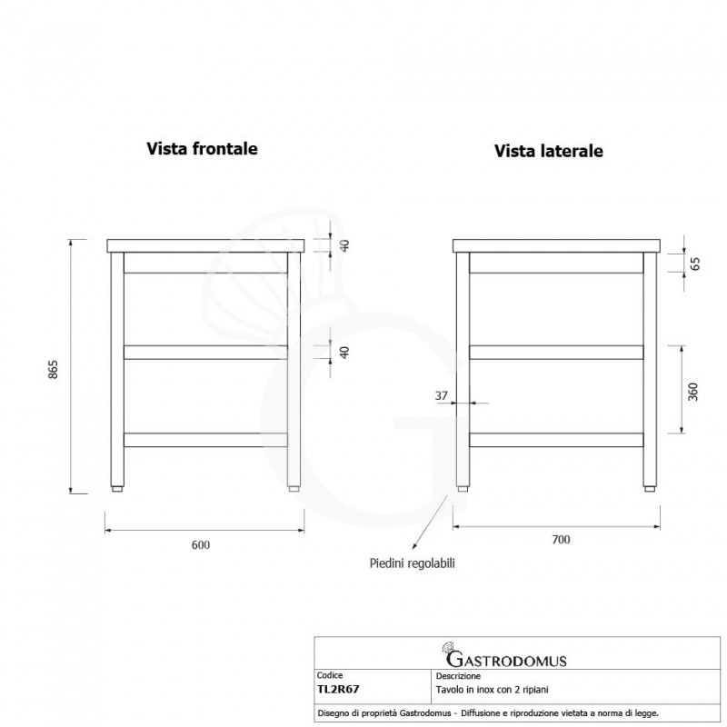 Edelstahltisch, 2 Regalböden, B 600 mm X T 700 mm X H 865 mm
