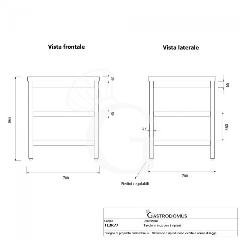 Edelstahltisch, 2 Regalböden, B 700 mm X T 700 mm X H 865 mm