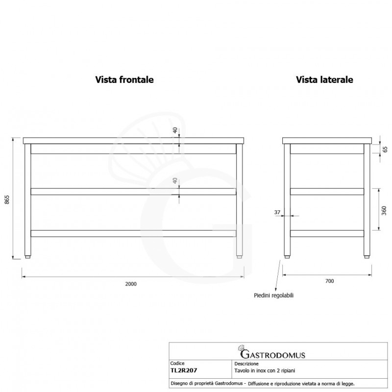 copy of Tavolo semplice in acciaio inox con 2 ripiani e misure L 2000 mm x P 700 mm x H 850 mm