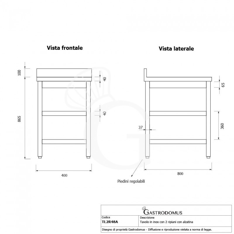 copy of Tavolo semplice in acciaio inox con 2 ripiani, alzatina e misure L 500 mm x P 800 mm x H 850 mm