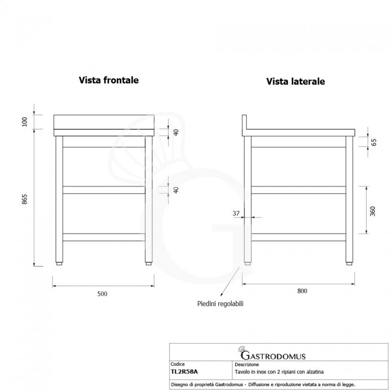 Edelstahltisch, 2 Regalböden, Aufkantung, B 500 mm X T 800 mm X H 965 mm