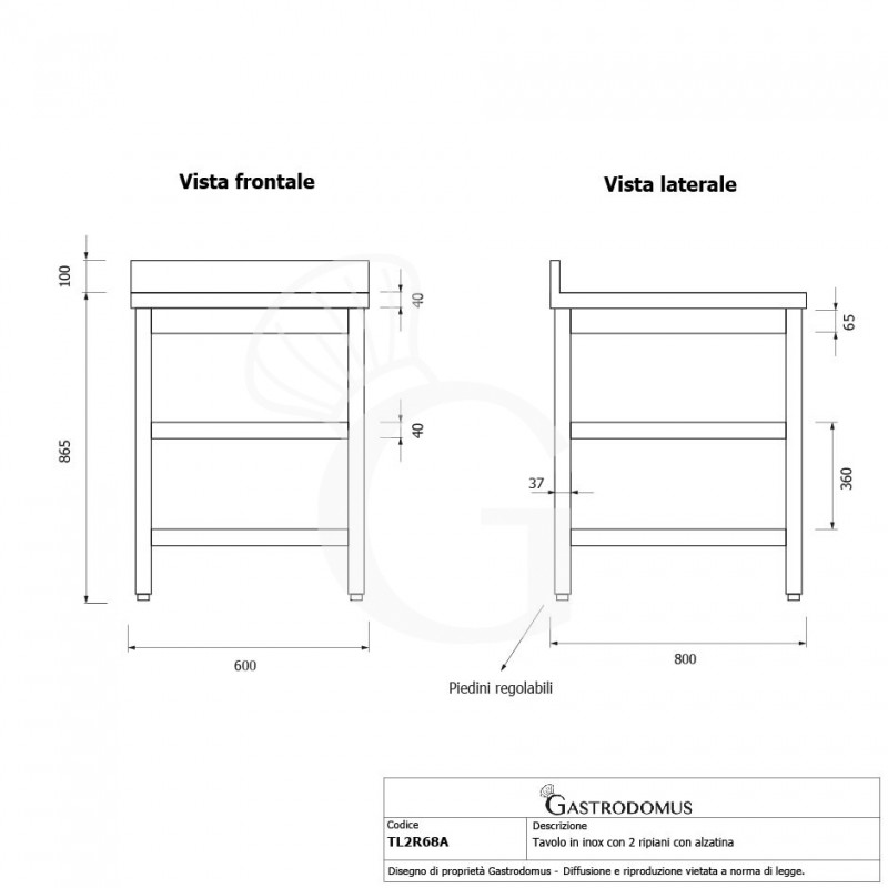 Edelstahltisch, 2 Regalböden, Aufkantung, B 600 mm X T 800 mm X H 965 mm