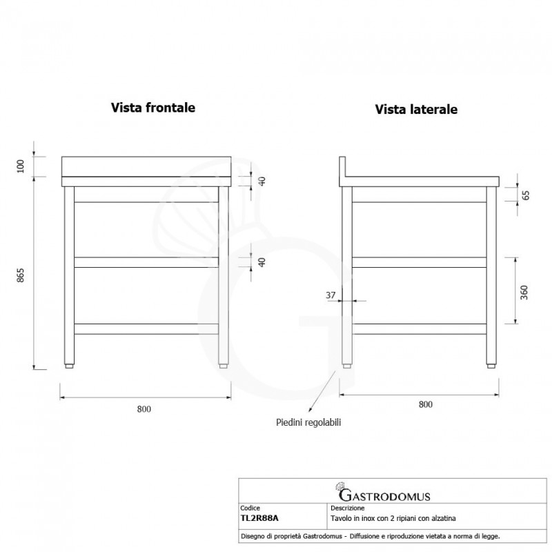 Edelstahltisch, 2 Regalböden, Aufkantung, B 800 mm X T 800 mm X H 965 mm