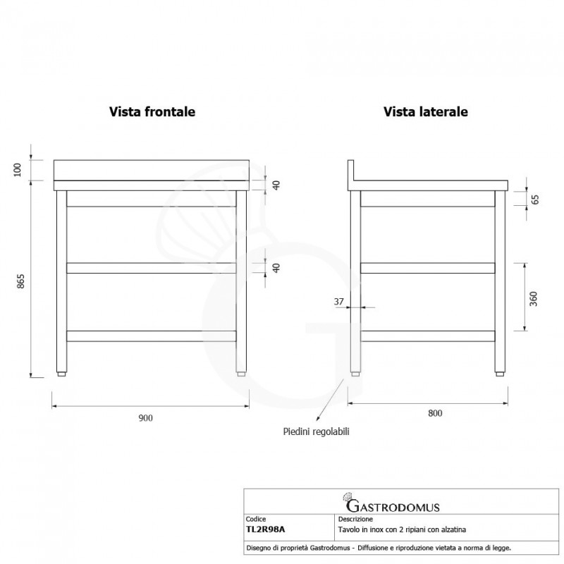 Edelstahltisch, 2 Regalböden, Aufkantung, B 900 mm X T 800 mm X H 965 mm