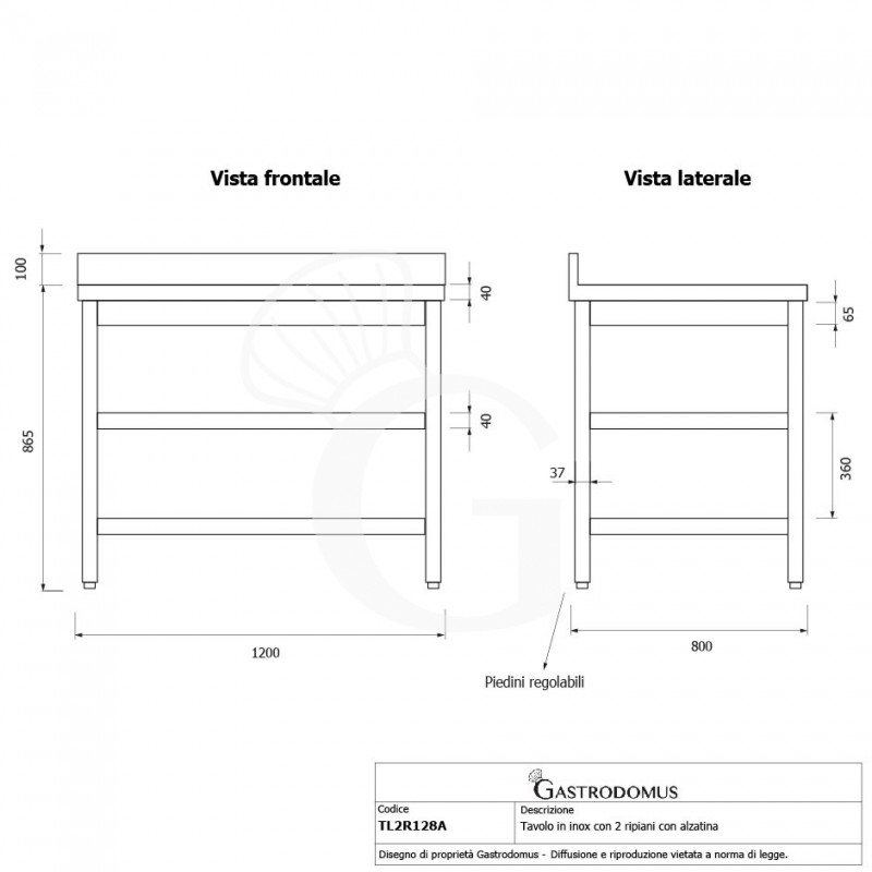 Edelstahltisch, 2 Regalböden, Aufkantung, B 1200 mm X T 800 mm X H 965 mm