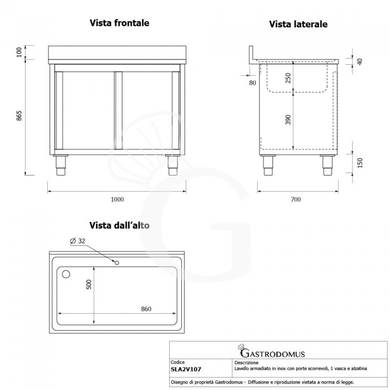 Spülschrank, Edelstahl, 2 Schiebetüren, 1 Becken, Aufkantung, Hahnloch Ø 32 mm, B 1000 mm x T 700 mm x H 965 mm