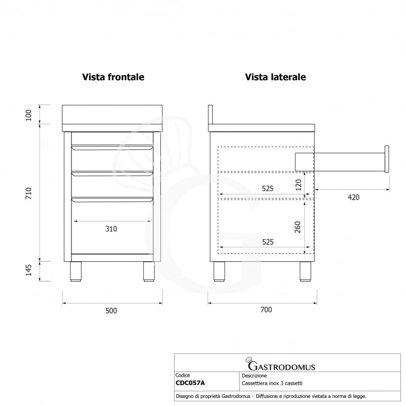 copy of Cassettiera 2 cassetti, un cassettone, alzatina, L 500 x P 700 x H 850 mm