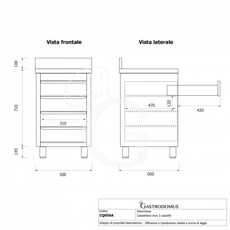 copy of Cassettiera 4 cassetti e alzatina, L 500 x P 600 x H 850 mm