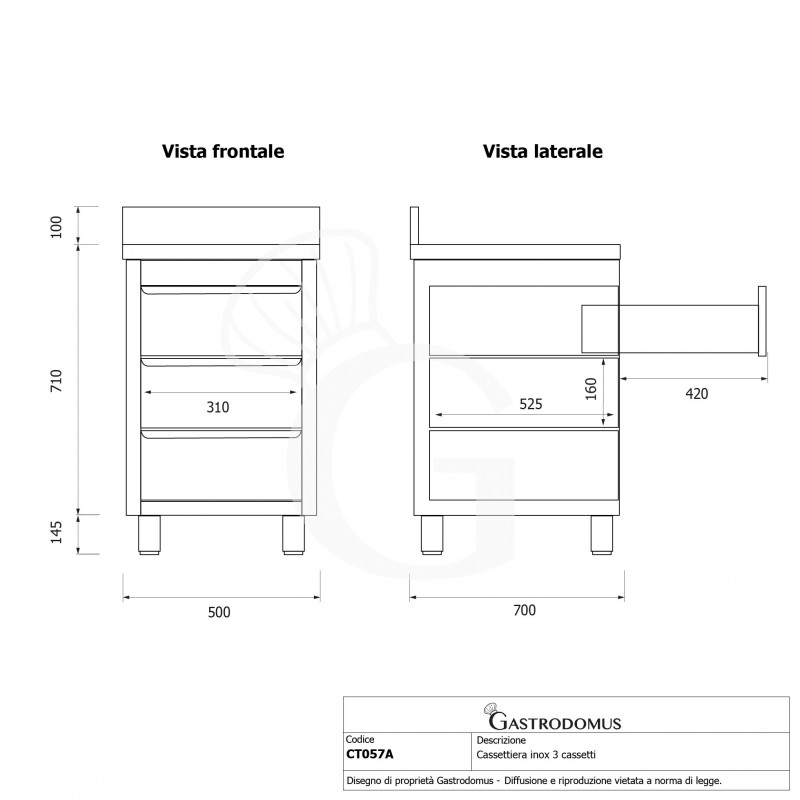 copy of Cassettiera 3 cassetti e alzatina, L 500 x P 700 x H 850 mm