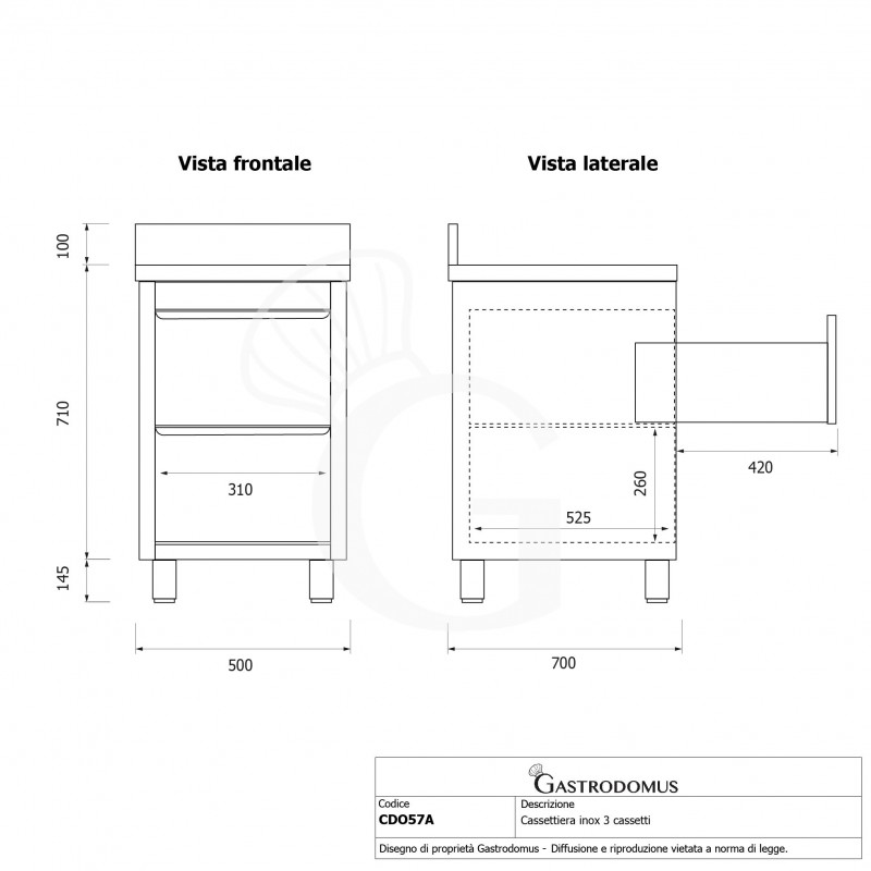 copy of Cassettiera con 2 cassetti e alzatina, L 500 x P 700 x H 850 mm