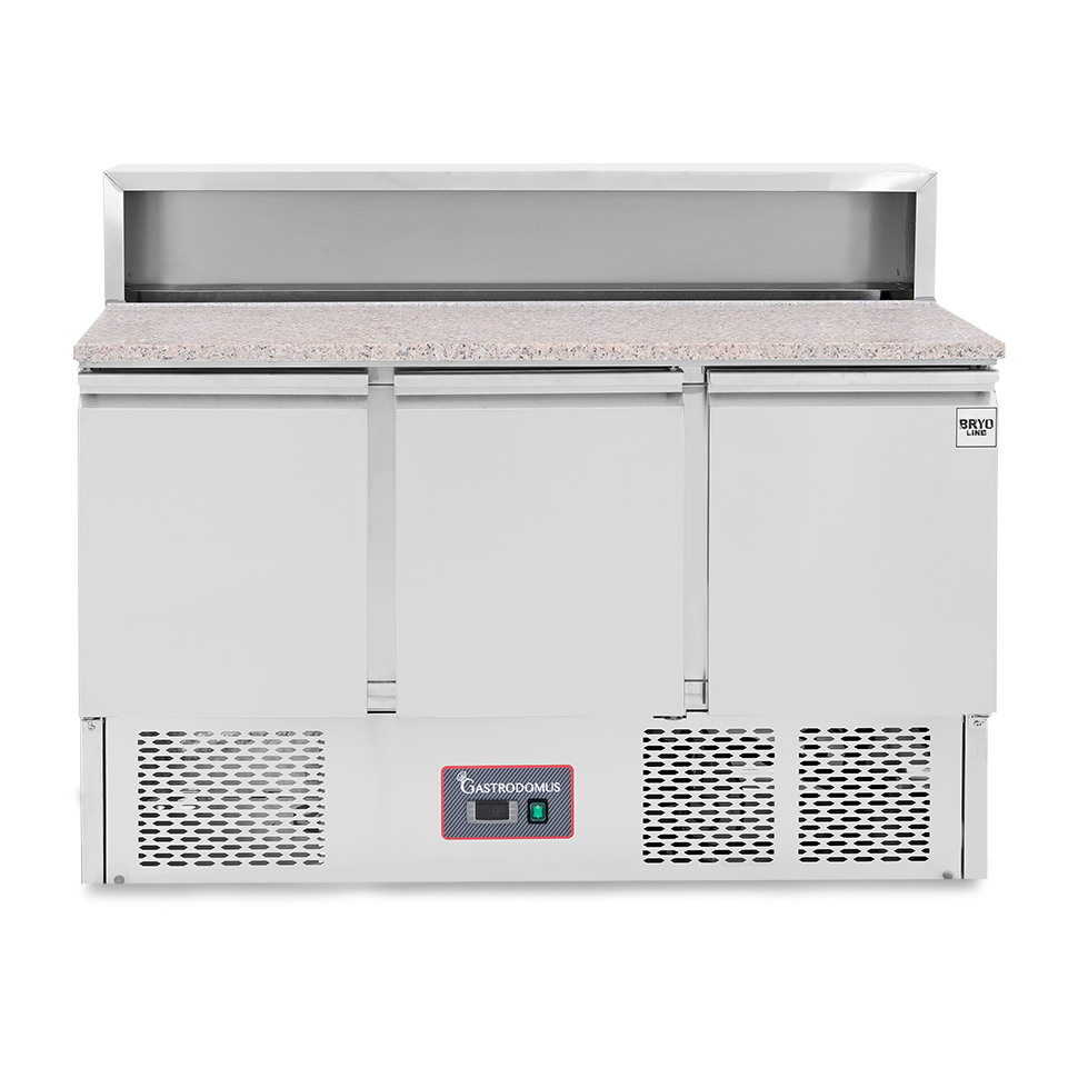 Pizzakühltisch / Saladette, statisch, 3 Türen, Temperatur +2°C/+8°C, Arbeitsplatte aus Granit