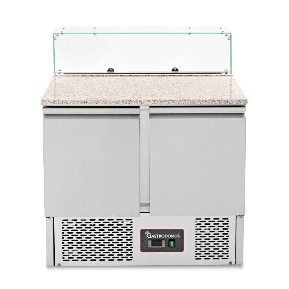 Pizza-Kühltisch / Saladette, 2 Türen, Temperatur +2°C/+8°C, Glasaufsatz, Arbeitsplatte aus Edelstahl