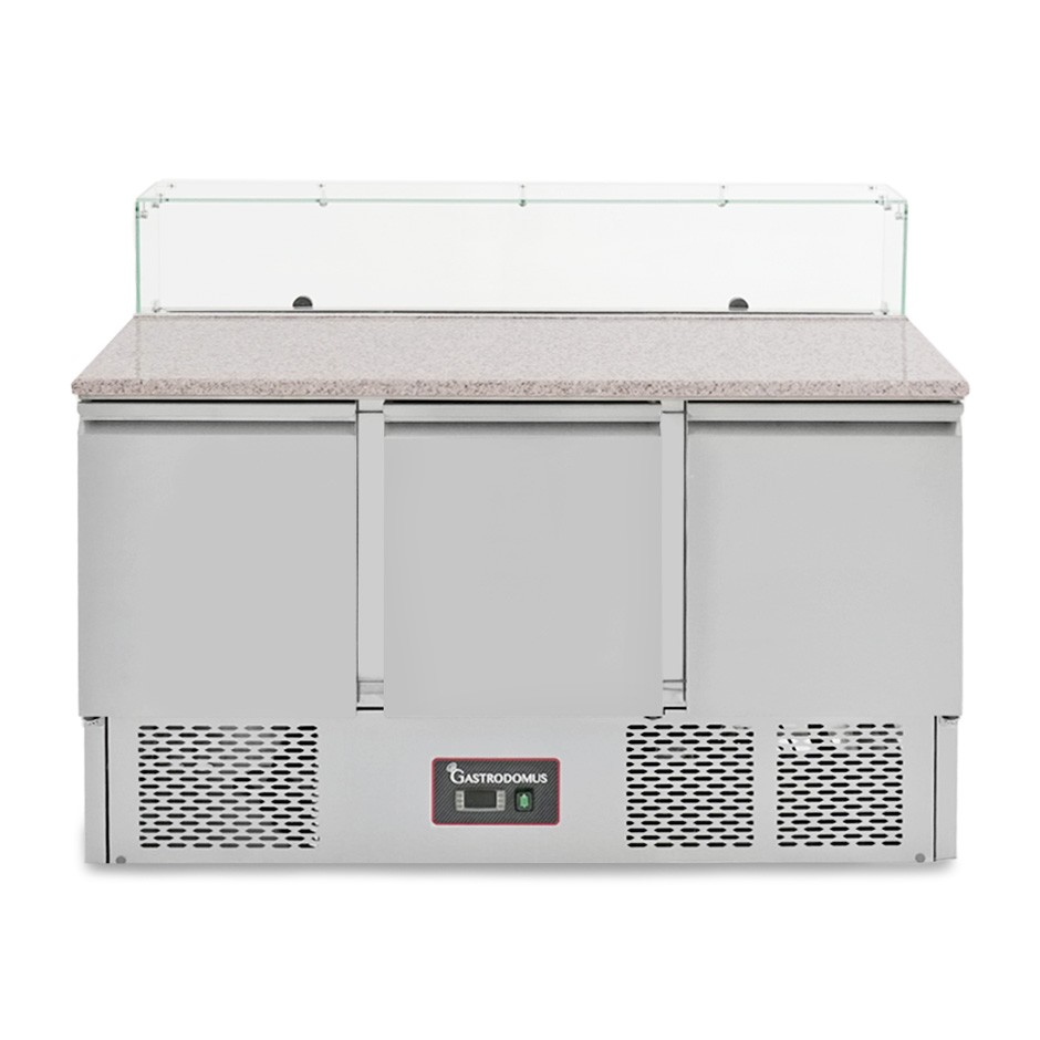 Kühltisch / Saladette, 3 Türen, Temperatur +2°C/+8°C, Glasaufsatz, Arbeitsplatte aus Granit