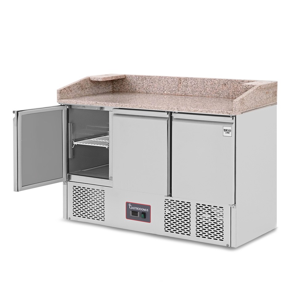 Pizzakühltisch / Saladette, statisch, 3 Türen, 6 GN 1/1 Schüssel, +2°C/+8°C, Arbeitsplatte aus Granit
