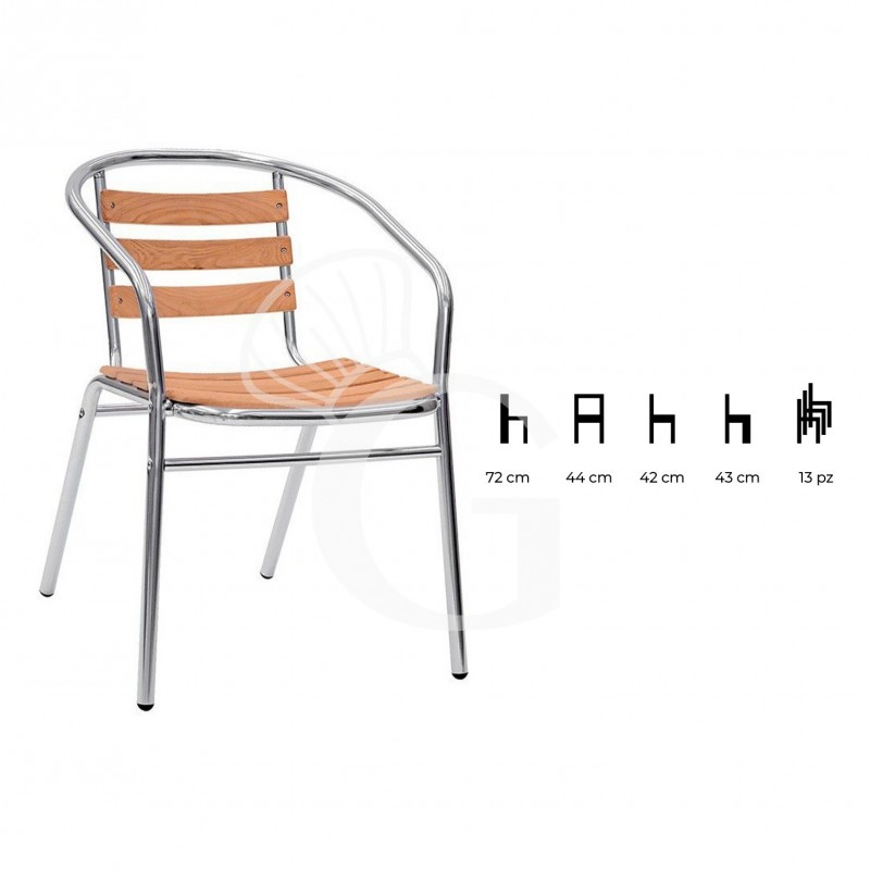 Stuhl "ARCO SLIM", eloxiertes Aluminium, Sitzfläche Holzlatten aus Eichenholz, B 440 mm x T 420 mm x H 720 mm