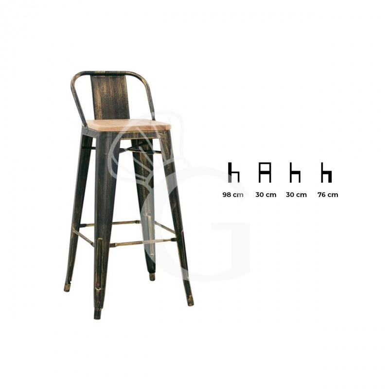 Barhocker "RACE", lackiertes Metall, Vintage-Style, Sitzfläche aus Holz