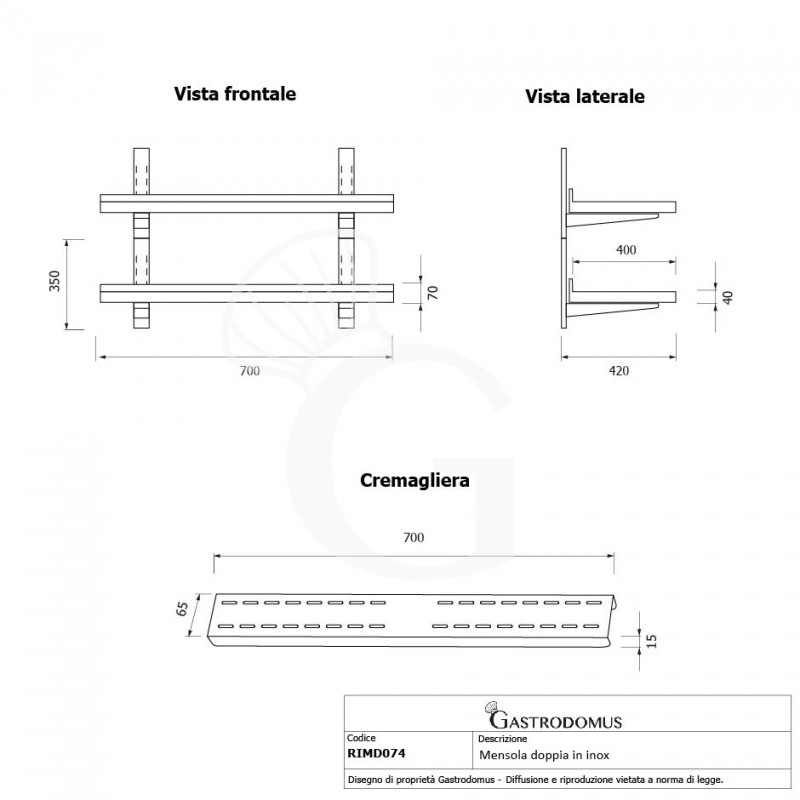 Mensola in acciaio inox doppia, L 700 mm x P 400 mm x H 700 mm