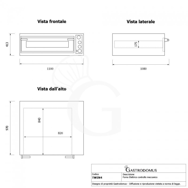 copy of Forno elettrico - porta vetro - 2 teglie 60x40 o 4 pizze diam. 40 cm - 1 camera - controllo meccanico