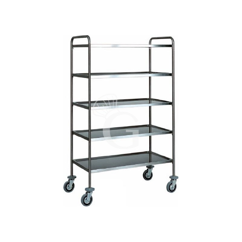 Servierwagen – Edelstahl – 5 Ablagen – Rohrgestell – B 900 mm x T 600 mm x H 1700 mm