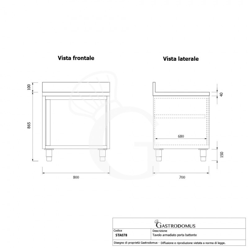 Schranktisch / Arbeitsschrank, Edelstahl, 1 Flügeltür, Aufkantung, B 800 mm x T 700 mm x H 950 mm