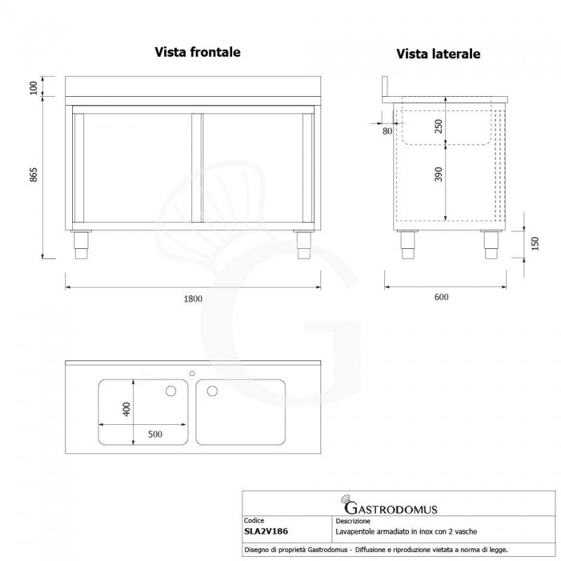 copy of Lavapentole armadiato in acciaio inox,porte scorrevoli,alzatina,1 vasca, L 1800 x P 600 x H 850 mm