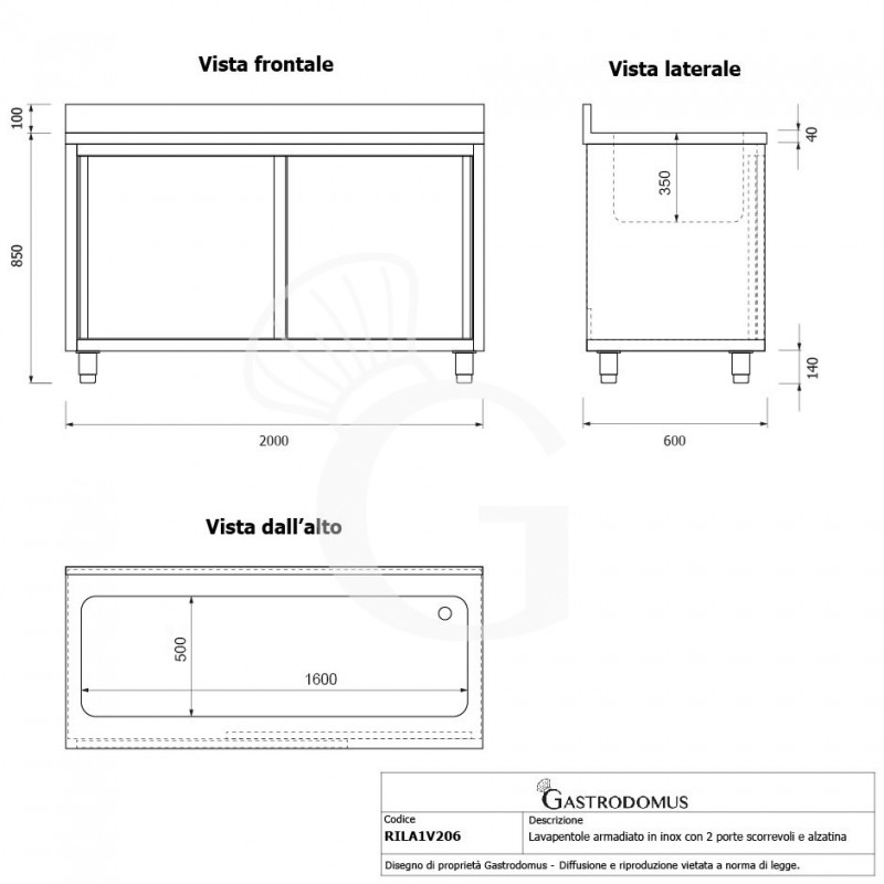 Topf-Spülschrank, Edelstahl, Schiebetüren, 1 Becken, Aufkantung, B 2000 mm x T 600 mm x H 950 mm