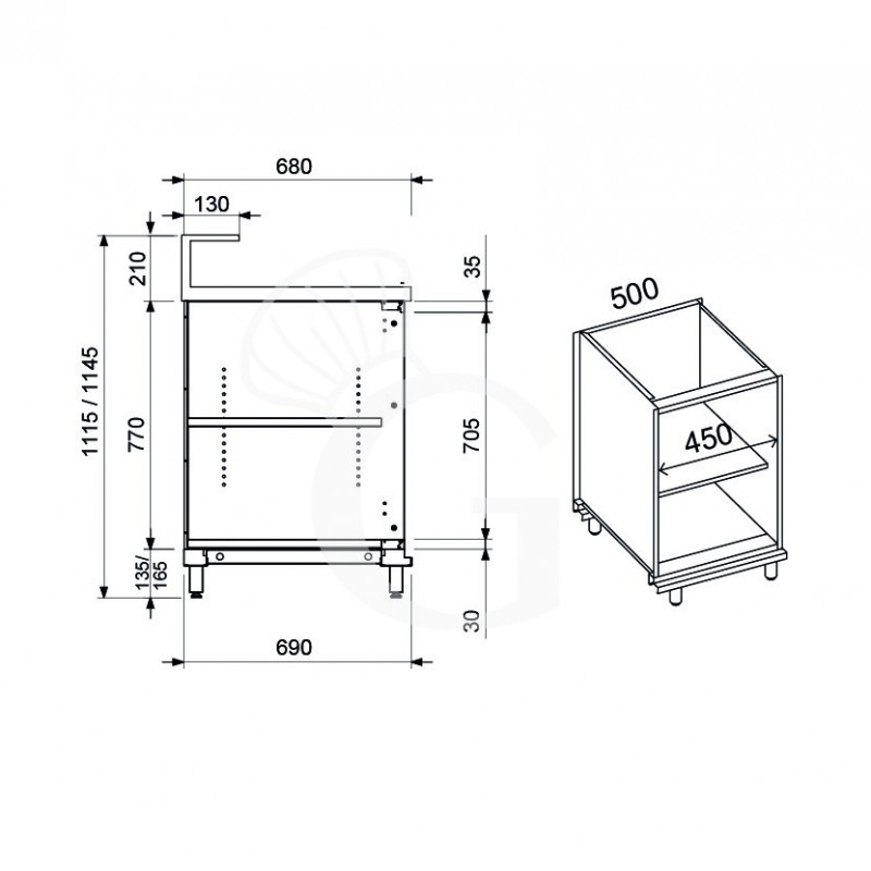 Thekenmodul / Neutralelement / Thekenschrank, offen, B 500 mm x T 670 mm x H 935 mm