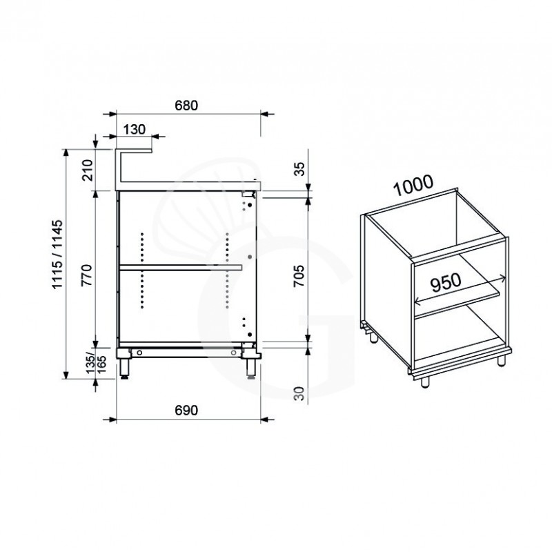 Thekenmodul / Neutralelement / Thekenschrank, offen, B 1000 mm x T 670 mm x H 935 mm