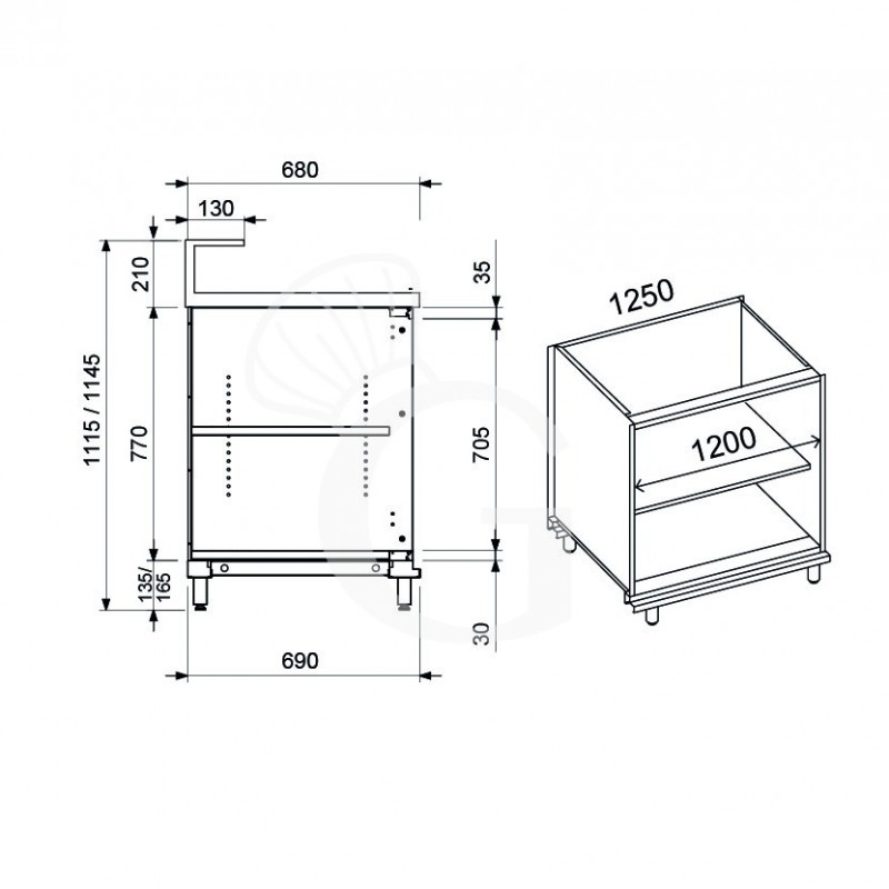 Thekenmodul / Neutralelement / Thekenschrank, offen, B 1250 mm x T 670 mm x H 935 mm