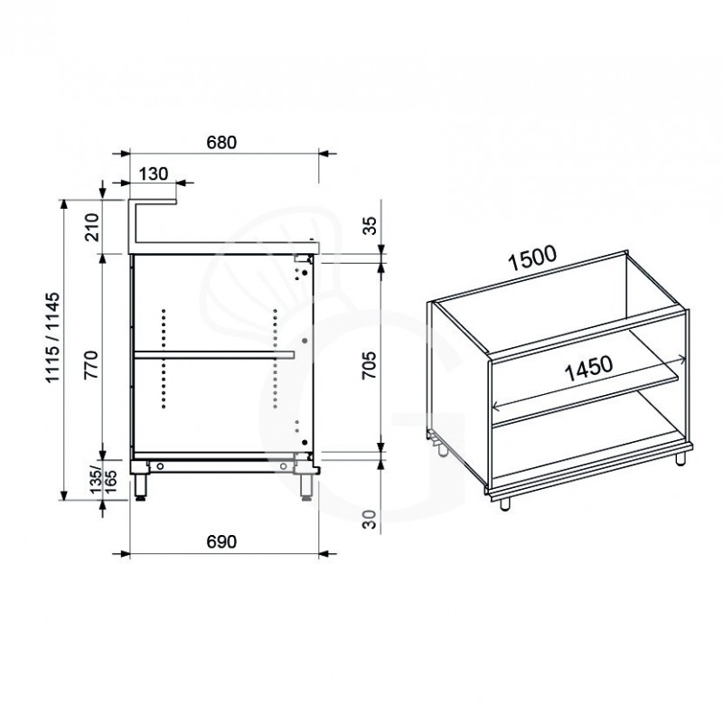 Thekenmodul / Neutralelement / Thekenschrank, offen, B 1500 mm x T 670 mm x H 935 mm