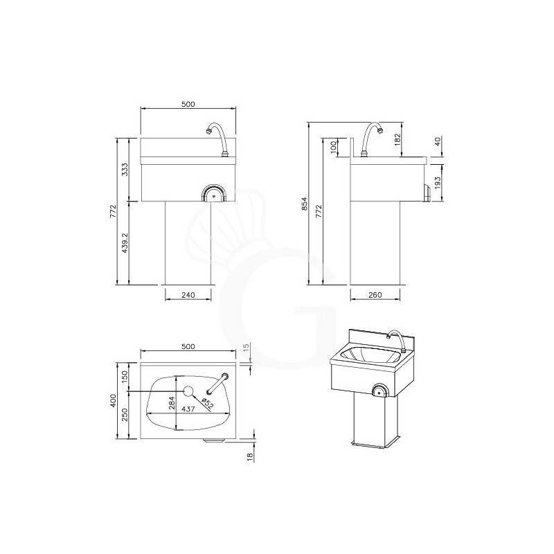 Handwaschbecken auf Säule, Edelstahl, Kniebedienung, mit Wasserhahn und Abfluss
